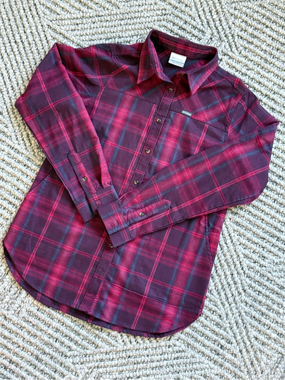 Columbia Burgundy and Red Plaid Button-Down Shirt
